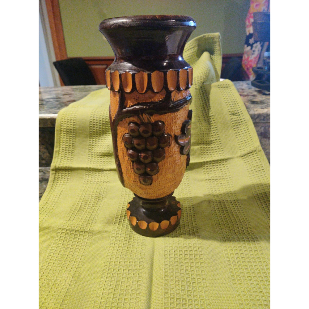 Wooden Flower Vase grape leaves pomegranate Design Handcrafted Hand Carved